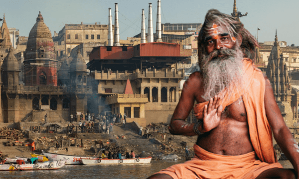 Image of a Sadhu in front of Ghats of Varanasi