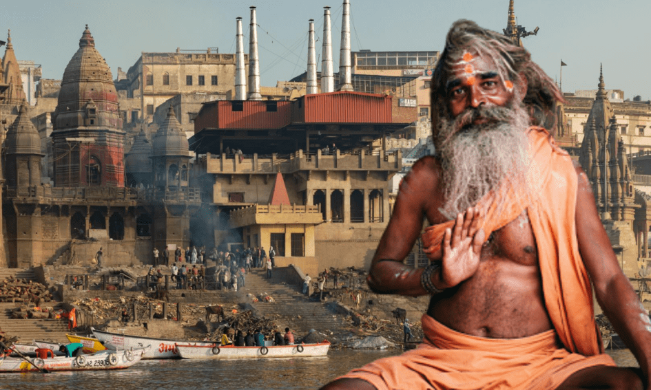Image of a Sadhu in front of Ghats of Varanasi